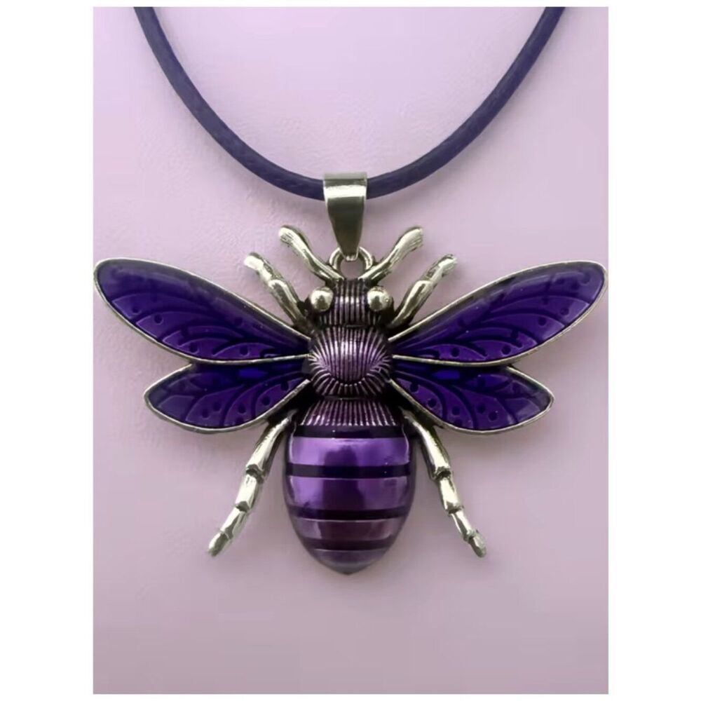 NWT Purple Enamel Bumble Bee Pendant Necklace Silver Novelty Insect Jewelry